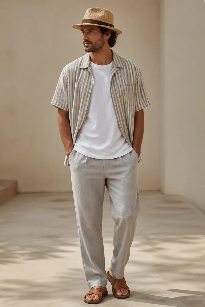 Pale gray linen pants paired with a striped camp shirt worn open over a white tee. The man wears tan leather sandals and a straw-look hat.