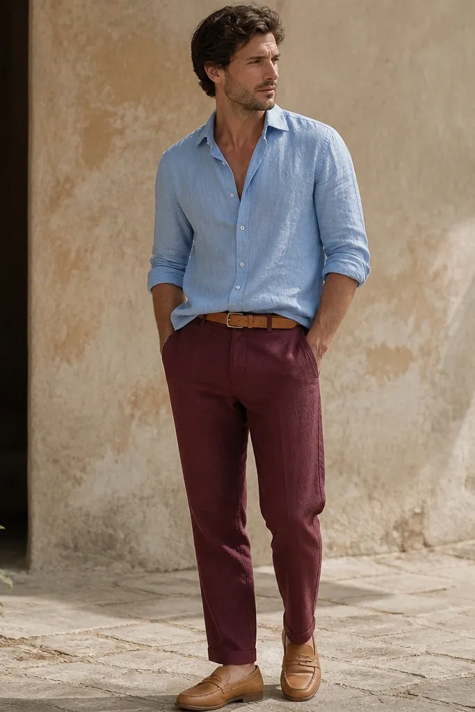 Burgundy linen pants worn with a light blue button-down shirt rolled at the sleeves. The man wears tan belt and tan leather loafers; the shirt is partially tucked.