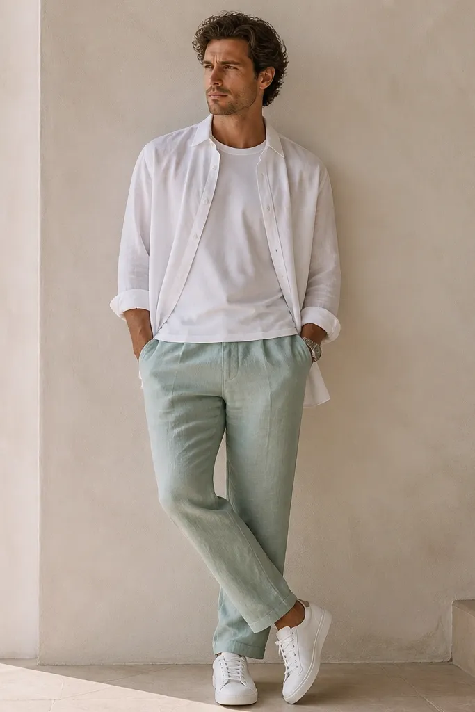 Seafoam green linen pants with a white overshirt open over a white tee. The man wears white sneakers and a silver watch; the overshirt sleeves are rolled once.
