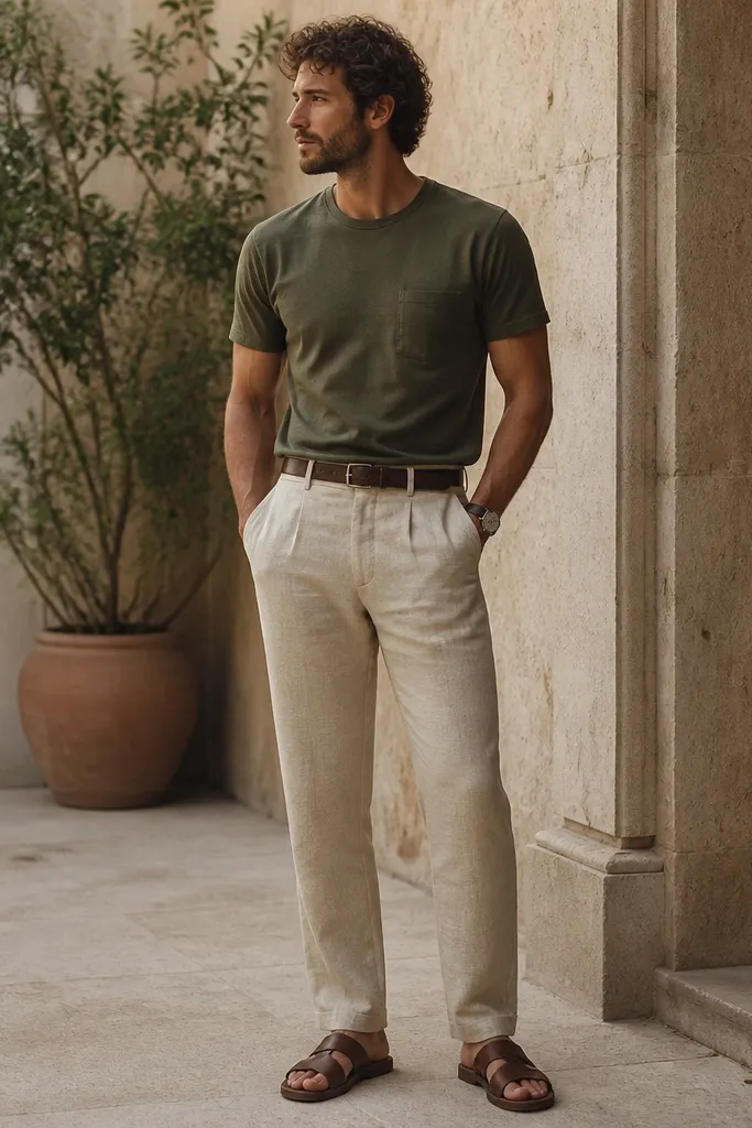 Tan linen pants paired with an olive green t-shirt. The man wears a dark brown leather belt, dark brown leather sandals, and a simple watch.