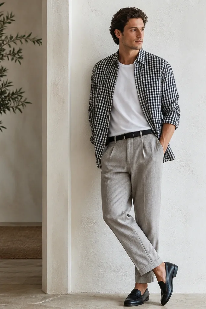 Gray linen pants paired with a black-and-white gingham button shirt worn open over a white tee. The man wears black leather loafers and a black belt.