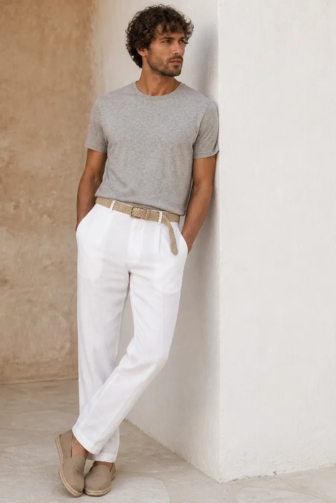 White linen pants with a light gray crew t-shirt. The man wears tan espadrilles with rope soles and a straw woven belt; the tee is front-tucked.