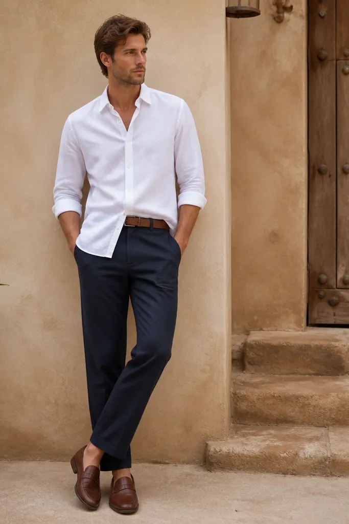 Navy linen pants with a white button-down shirt. The shirt is worn untucked with sleeves rolled to mid-forearm. Brown loafers and a brown leather belt finish the look.