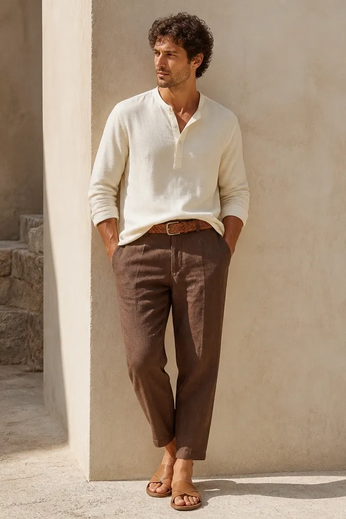 Men wearing chocolate-brown linen pants with a slightly relaxed taper, paired with an off-white heavyweight henley. A woven natural-brown belt crosses the waist, and the man wears tan leather slides. The shirt is half-tucked at the front with a loose drape at the sides; the linen catches light and shows visible slub texture.