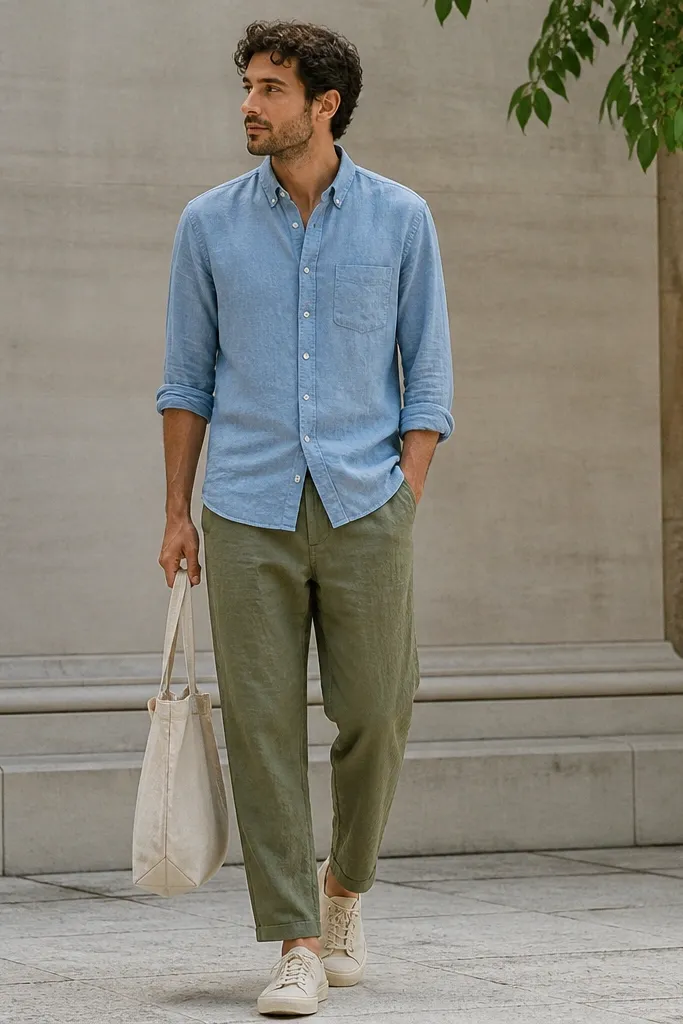 Man wearing olive linen pants with a light blue chambray button-up. Sleeves are rolled and buttoned at the cuff. Light tan sneakers and a simple canvas tote.
