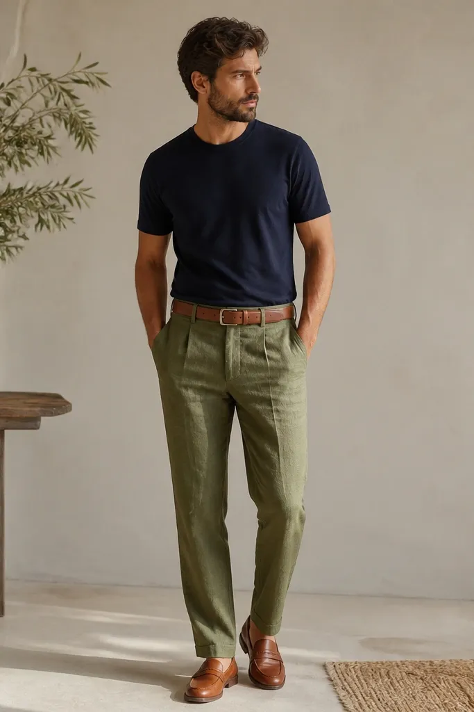 Man wearing olive green linen pants with a navy crewneck t-shirt. The shirt is tucked with a clean front tuck and shows a brown leather belt. Cognac leather loafers.