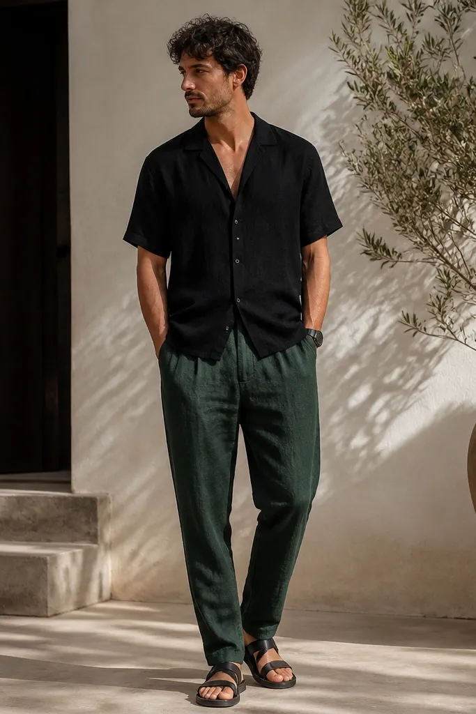 Man wearing forest green linen pants with a black camp-collar short-sleeve shirt. Shirt is buttoned to mid-chest. Black leather sandals and a black watch.