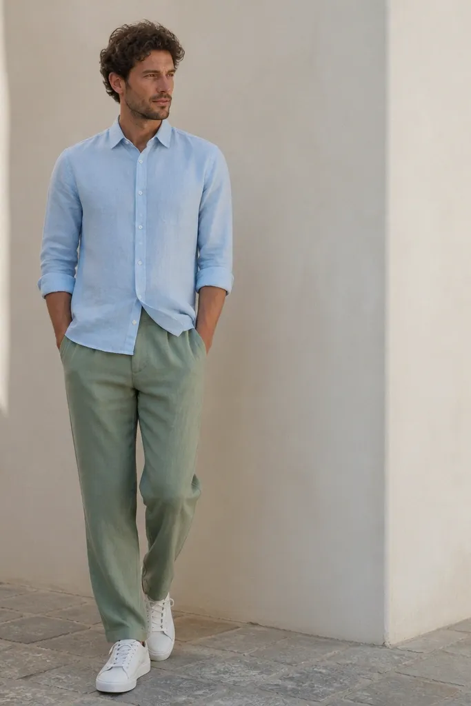 Man in sage green linen pants with a pale blue button-down shirt. Shirt is fully buttoned and worn with a slight half-tuck. White sneakers.