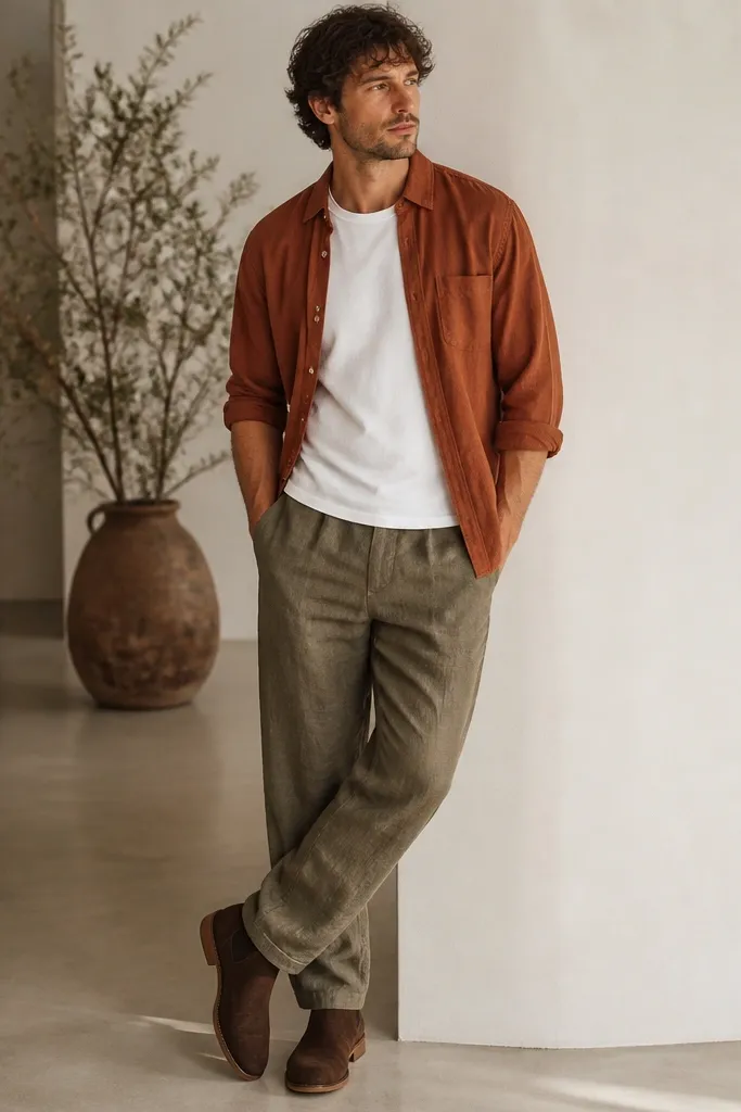 Man wearing olive linen pants with a rust-colored linen overshirt. Overshirt is worn open over a plain white tee. Brown suede boots.