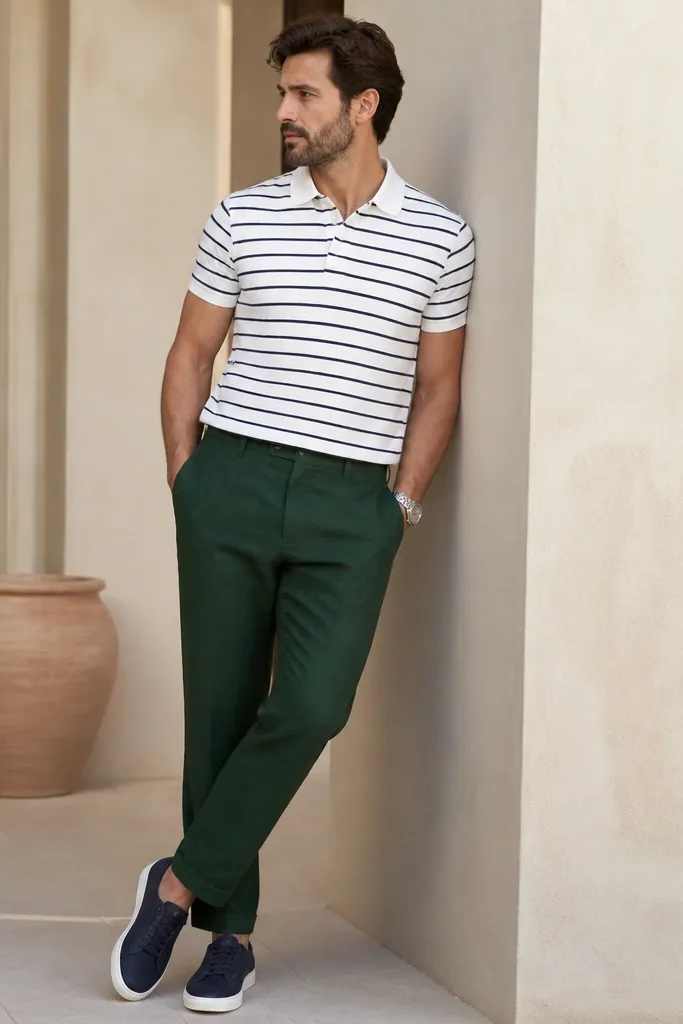 Man wearing bottle green linen pants with a white-and-navy striped polo shirt. Polo has a clean placket and sits smooth. Navy sneakers and a silver watch.