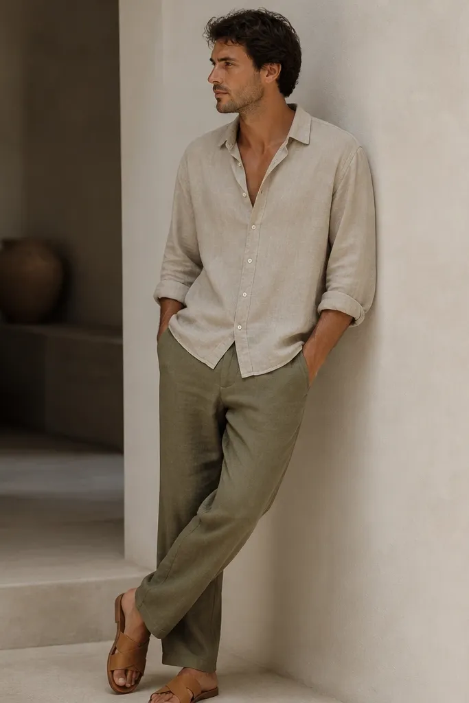 Man in olive linen pants paired with an oatmeal-beige camp-collar shirt, slightly open at the top. Shirt is untucked with a relaxed drape. Tan leather slides.