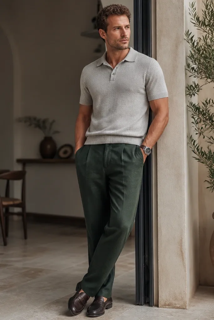 Man wearing deep evergreen linen pants with a light gray polo that looks knit and thicker than a summer tee. Dark leather loafers and a watch.