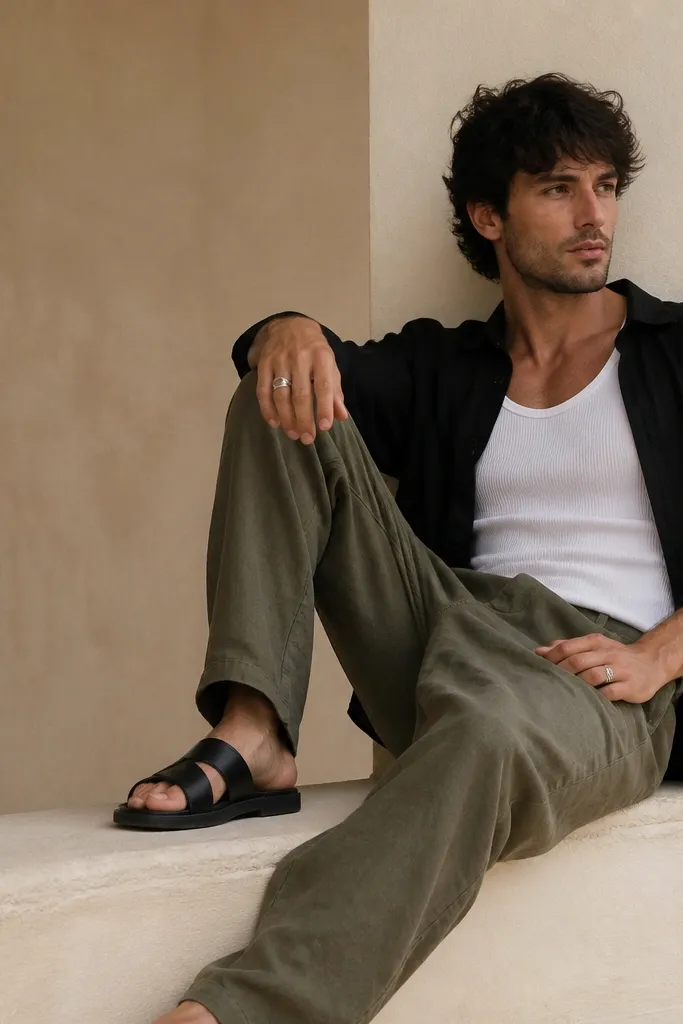 Man in olive linen pants wearing a white ribbed tank top. He has an open black linen shirt over it. Black leather sandals and a silver ring.