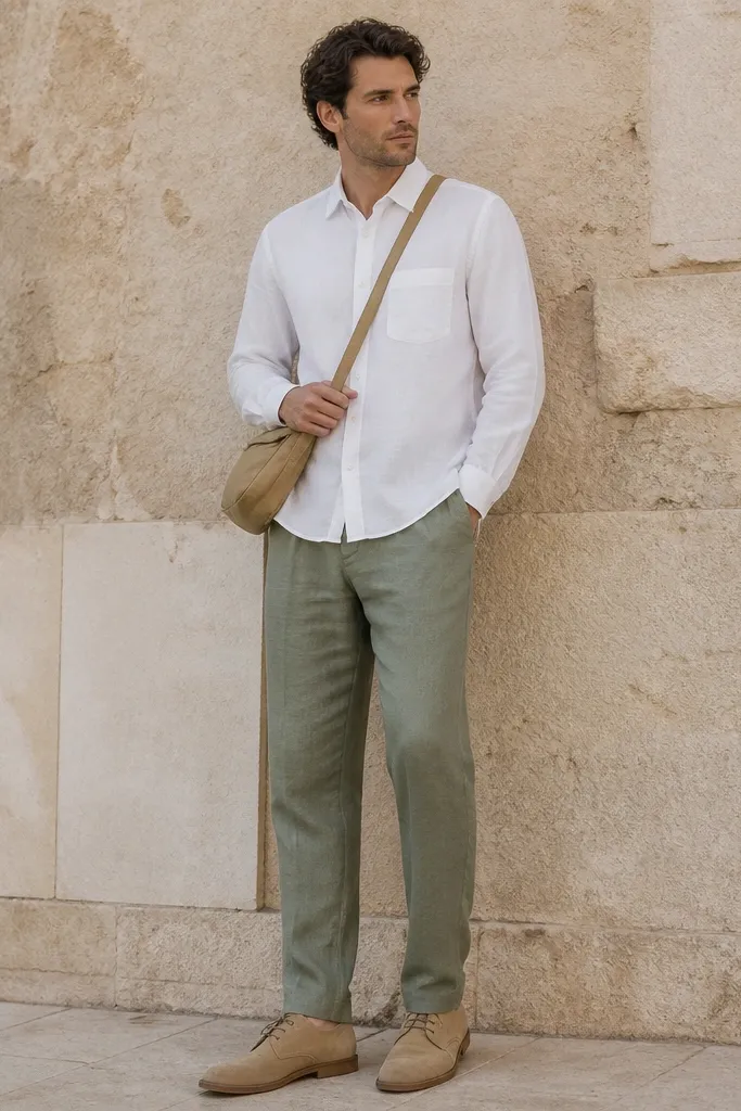 Man wearing sage green linen trousers with a white overshirt. Overshirt is buttoned and collar is visible. Tan suede desert boots and a crossbody bag.