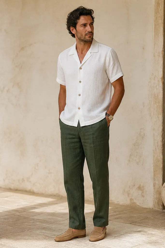 Man in bottle green linen pants wearing a white short-sleeve camp shirt with subtle pattern on buttons. Collar is relaxed. Light tan leather shoes and a watch.