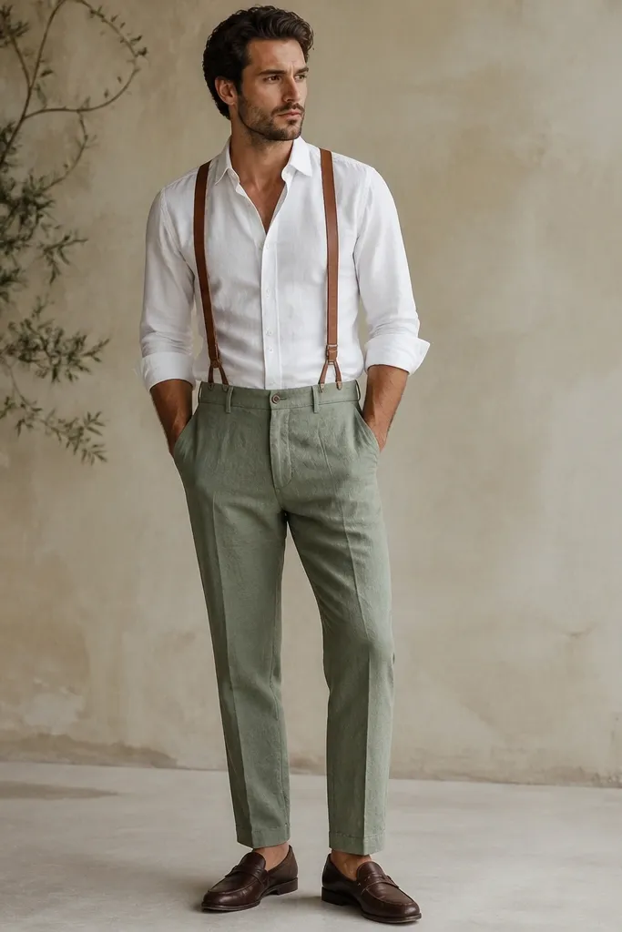 Man wearing sage green linen pants with white button-down shirt. He has brown leather suspenders over the shirt. Rolled sleeves and loafers.