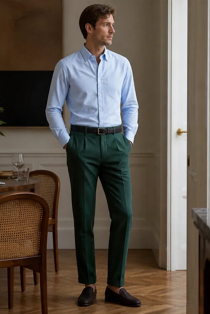 Man in deep evergreen green linen trousers with a light blue oxford shirt fully tucked. A dark belt and dark loafers. Indoor dining background.