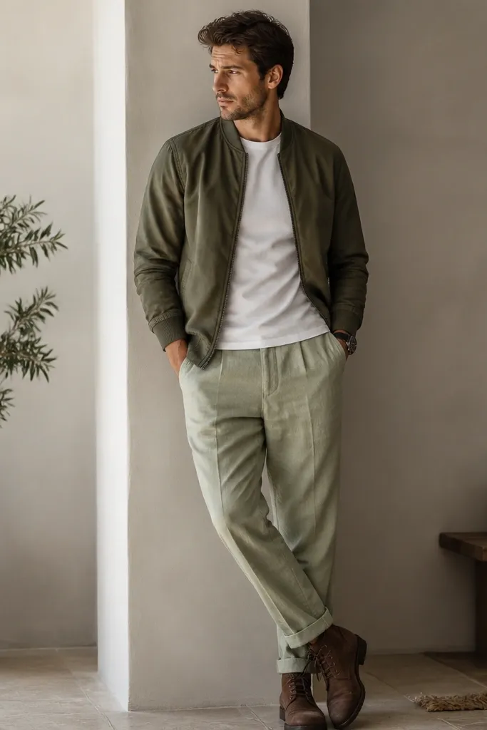 Man wearing sage green linen pants with a white t-shirt. He has an olive bomber jacket with ribbed cuffs. Brown boots and a dark watch.