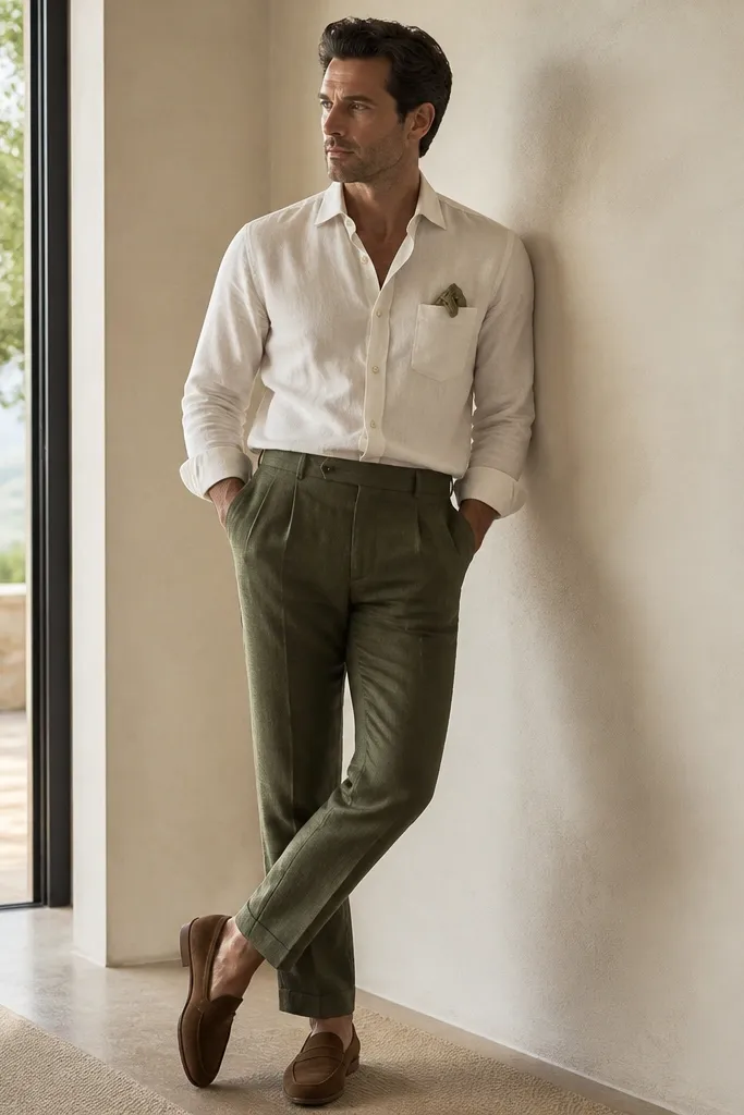 Man wearing olive linen trousers with a cream dress shirt. Shirt has a subtle texture and collar is open with no tie. Brown loafers and a linen pocket square.