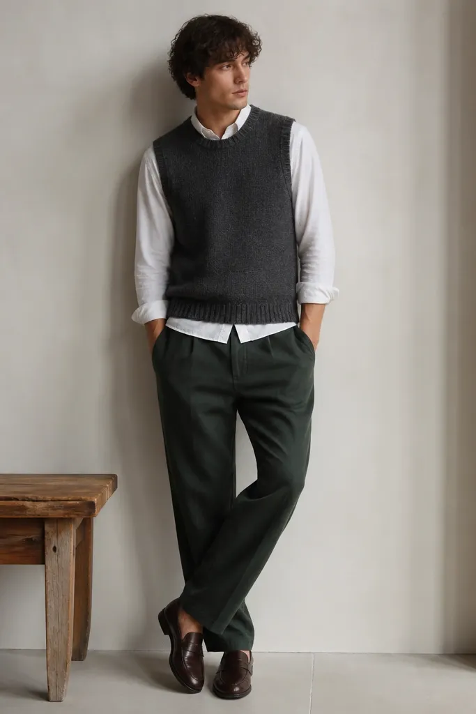 Man wearing deep evergreen linen pants with a charcoal knit sweater vest over a white button-down. Vest is layered and sleeves show shirt cuffs. Leather loafers.