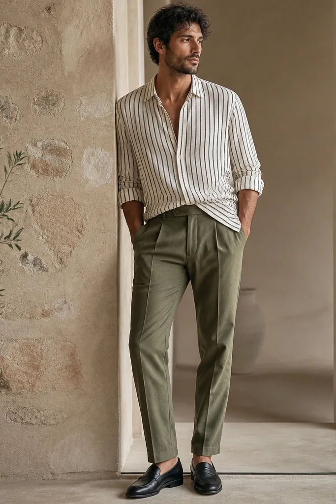Man wearing olive linen pants with an off-white and black striped button-down. Shirt is half-tucked, sleeves rolled. Black leather loafers.