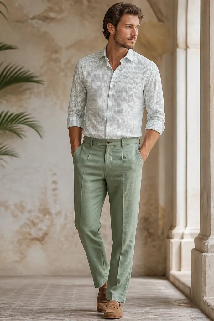 Man wearing sage green linen pants with a white button-down shirt featuring subtle green micro-check pattern. Shirt is tucked and sleeves are rolled. Light brown shoes.