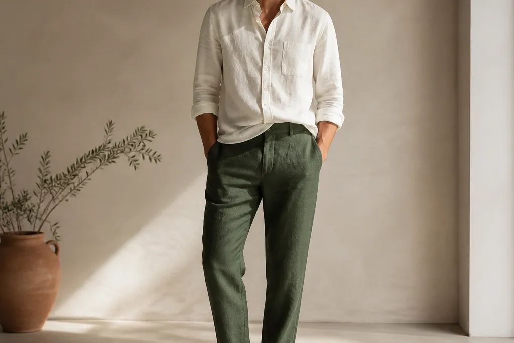 Seasonal evergreen green linen pants outfit men