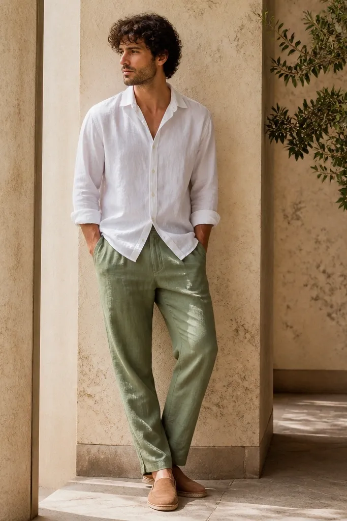 Seasonal evergreen green linen pants outfit men