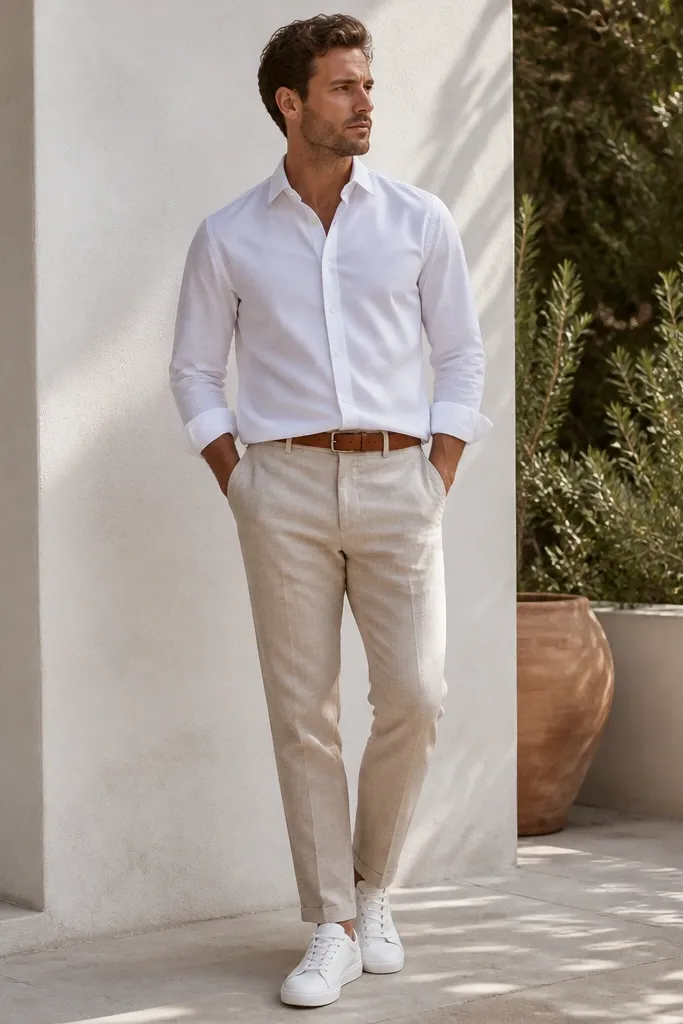 Beige linen pants with a slight taper, paired with a crisp white poplin button-down. White low-top leather sneakers and a thin tan leather belt. The pants have visible linen weave and natural wrinkles at the knee.