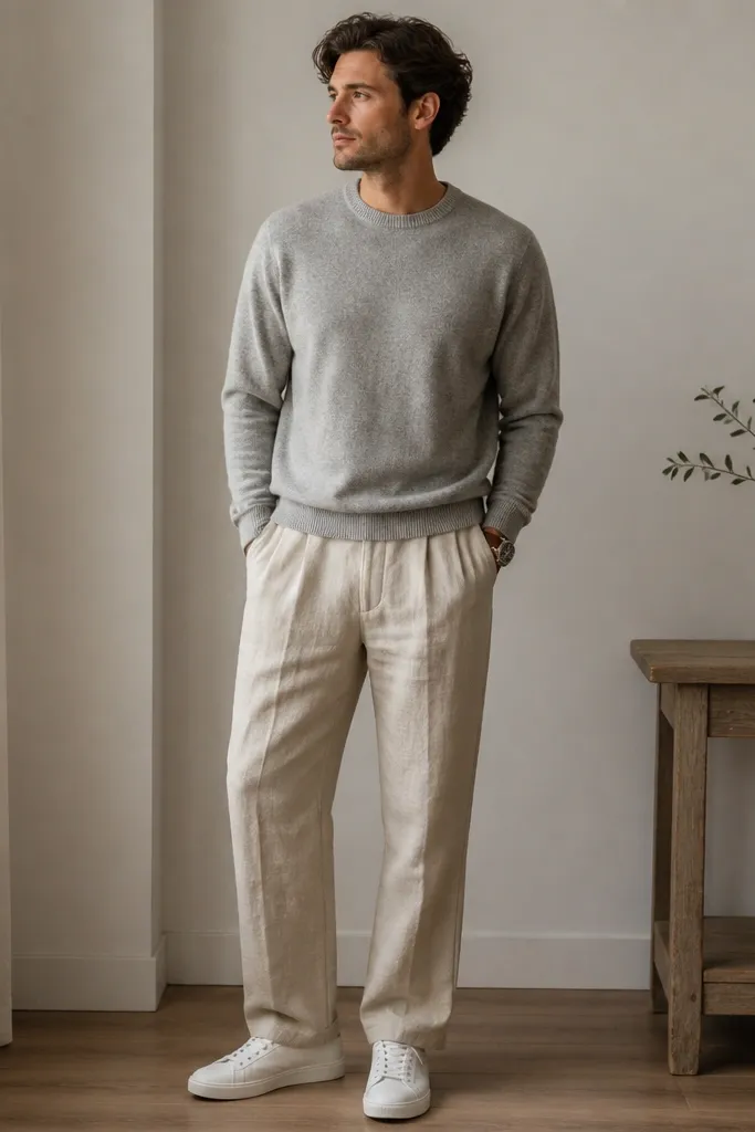 Beige linen pants with a relaxed straight cut. A heather gray crewneck sweater sits over the waistband. White leather derby-style sneakers and a simple silver watch.