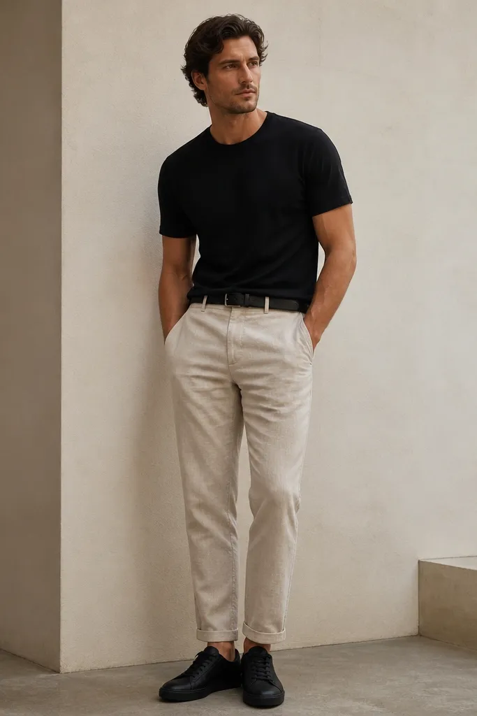 Beige linen pants with a tapered leg. A black crew t-shirt is tucked slightly at the front. Black low-profile sneakers and a simple black leather belt.
