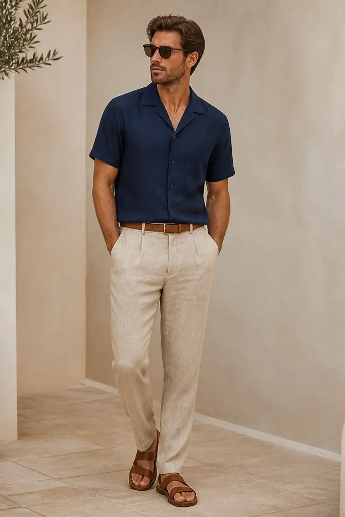 Beige linen pants with a relaxed fit. A navy short-sleeve camp collar shirt with subtle texture. Brown leather sandals and a tan belt.