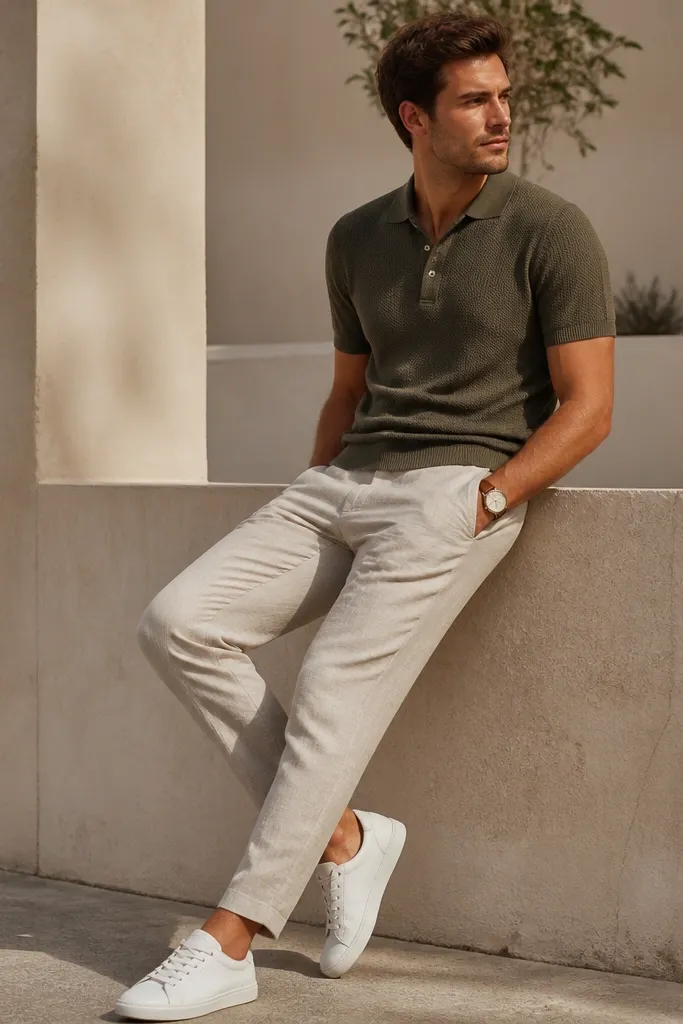 Beige linen pants paired with an olive green knit polo shirt. White canvas sneakers and a cream watch face with a leather strap.