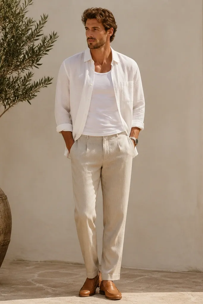 Sand beige linen pants with a crisp one-break hem. A white linen shirt is worn unbuttoned over a white tank or undershirt. Tan leather loafers and a simple watch.