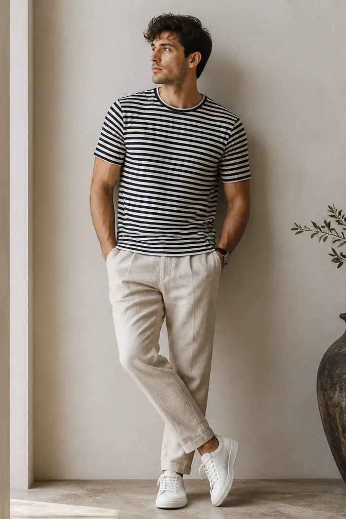 Cream beige linen pants with a slightly tapered leg. A black-and-white striped crew tee is worn untucked. White leather sneakers and a black watch strap.
