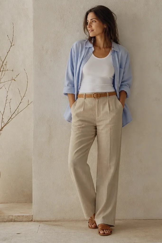 Beige linen pants with a relaxed straight cut. A white tank is layered under a light blue overshirt worn open. Tan leather sandals and a straw-style belt looped once.