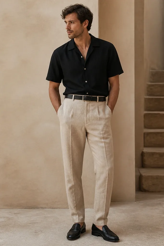 Sand beige linen pants paired with a black short-sleeve button-up shirt. Black loafers with a modest heel and a black belt. The pants show natural linen wrinkles.