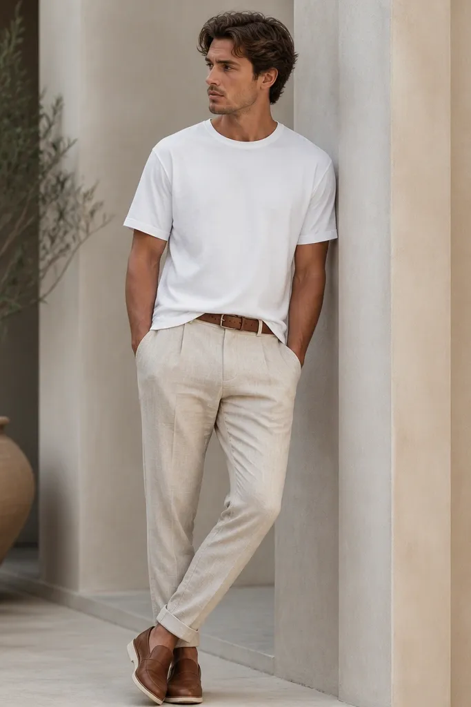 Beige linen pants with a tapered fit. A white longline tee reaches past the waistband with a clean hem. Cognac leather slip-on shoes and a tan belt.