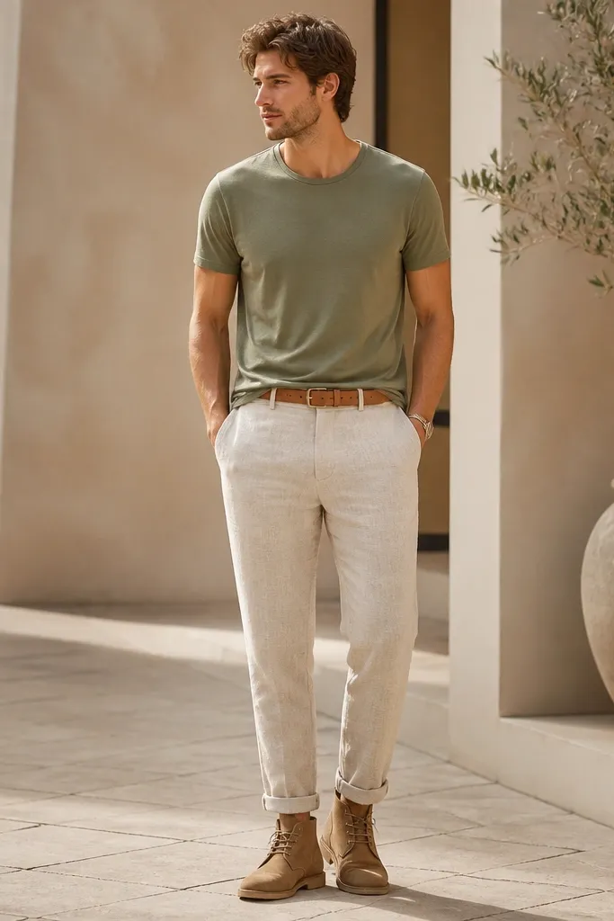 Beige linen pants paired with a light olive crew t-shirt. Tan leather desert boots with suede texture and a slightly higher ankle. A minimal leather belt in tan.