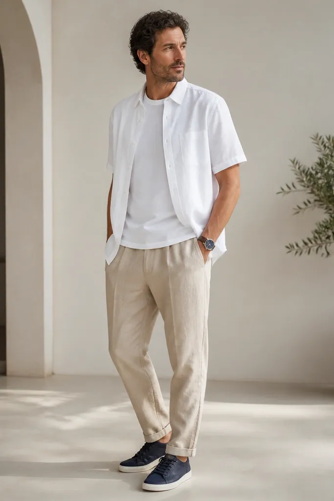 Sand beige linen pants with a relaxed taper. A white short-sleeve button shirt is worn open over a white tee. Navy sneakers and a dark navy watch strap.