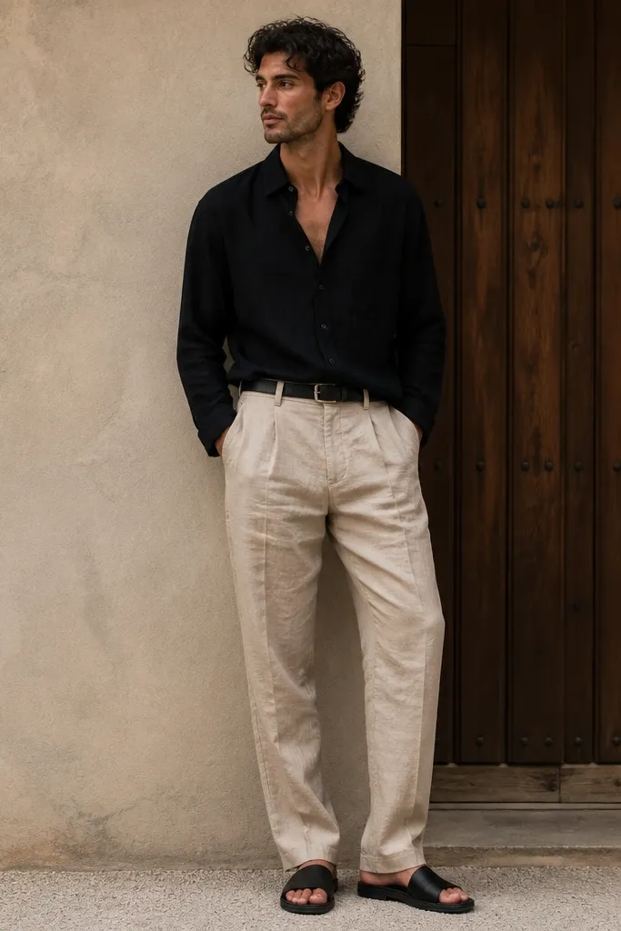 Beige linen pants worn with a black linen-blend shirt with a relaxed drape. Black leather slides and a black belt. The pants show natural creases at the thigh.