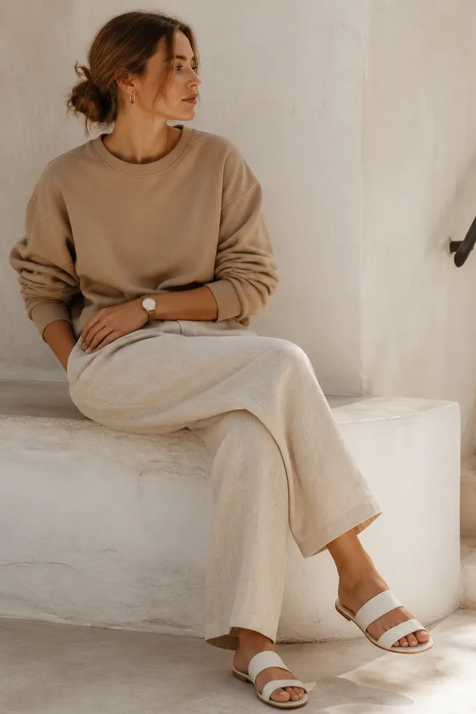 Oat beige linen pants paired with a tan crewneck sweatshirt. White leather sandals and a cream watch face. The outfit shows a monochrome beige-to-tan gradient.