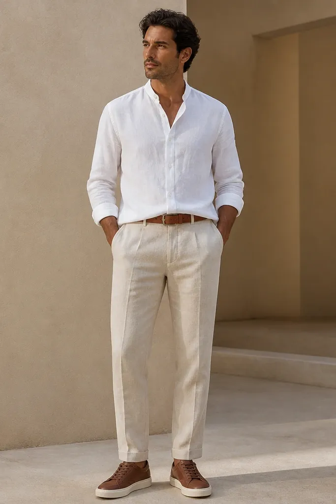 Beige linen pants with a clean straight line. A white popover shirt is worn untucked with a slightly boxy fit. Brown derby-style sneakers and a cognac belt with a matte buckle.
