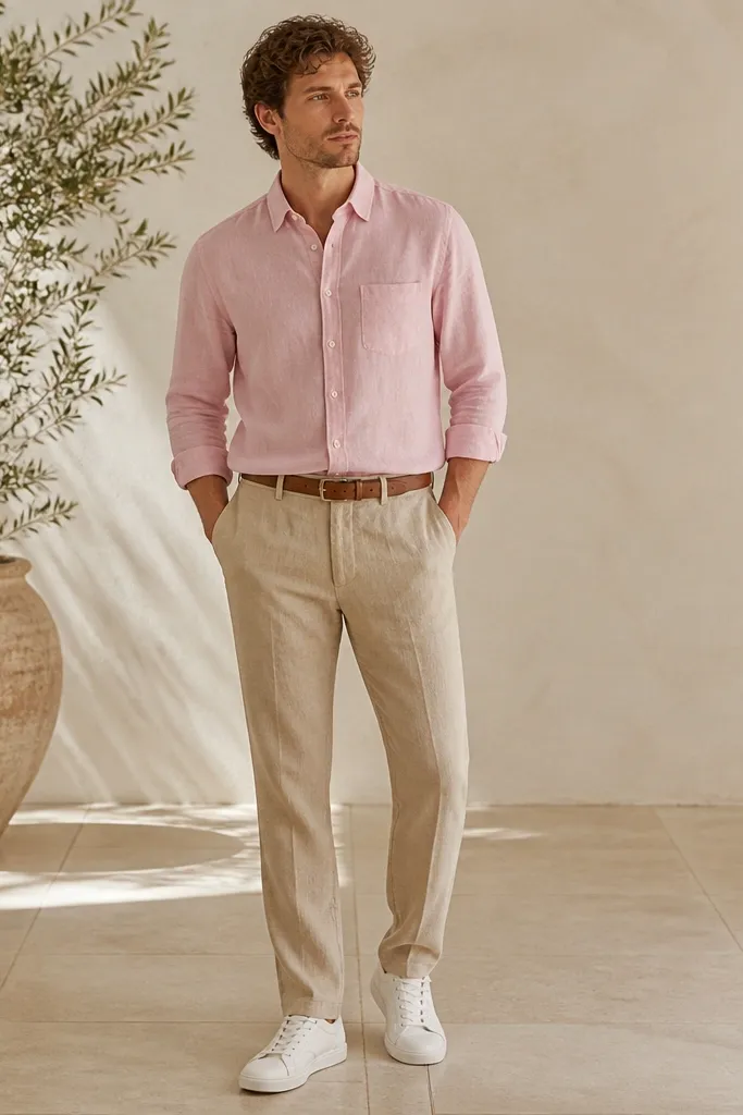 Sand beige linen pants with a relaxed straight leg. A pale pink chambray shirt buttoned up, sleeves rolled once. White canvas sneakers and a light brown belt.