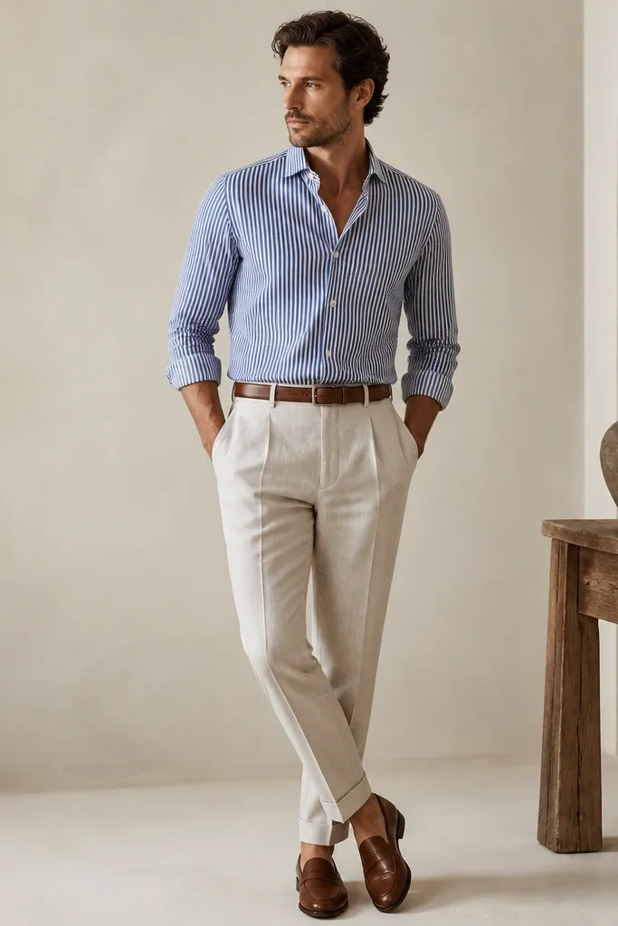 Beige linen pants with a tapered leg. A navy-and-white striped shirt with thin stripes is tucked in. Brown leather loafers and a brown belt.