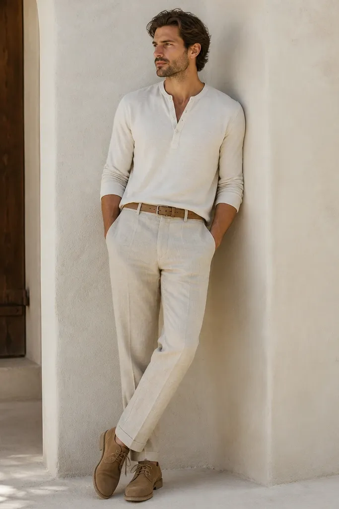 Oat beige linen pants worn with a cream henley shirt. Tan suede desert boots and a tan belt. The henley is slightly open at the collar.