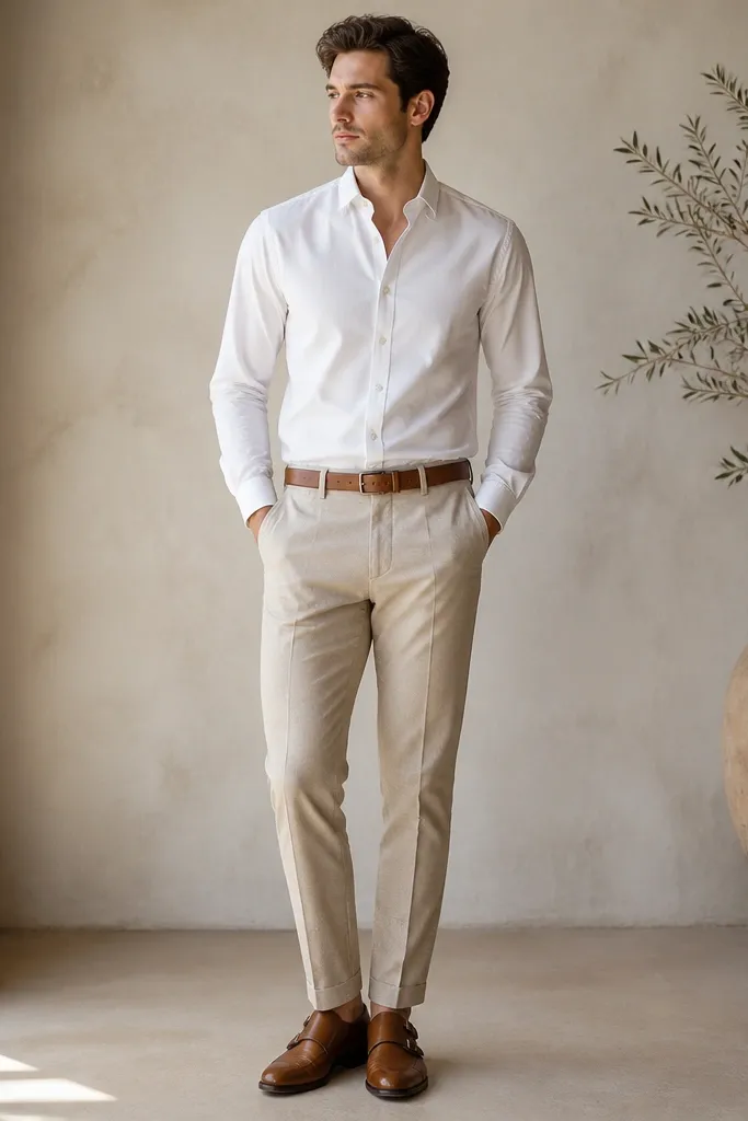 Beige linen pants with a neat straight fit. A white dress shirt is tucked and buttoned, with a clean collar. Tan leather monk strap shoes and a tan belt.