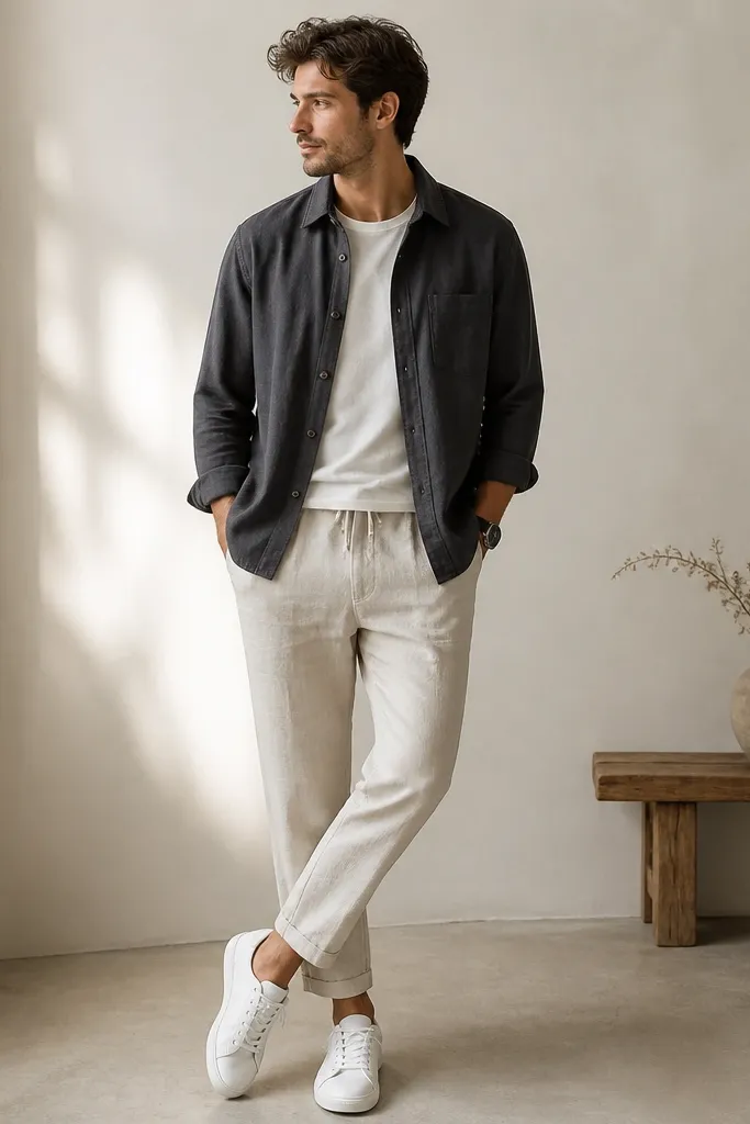 Beige linen pants with a relaxed taper. A charcoal overshirt is worn open over a lighter tee. White sneakers and a charcoal watch.