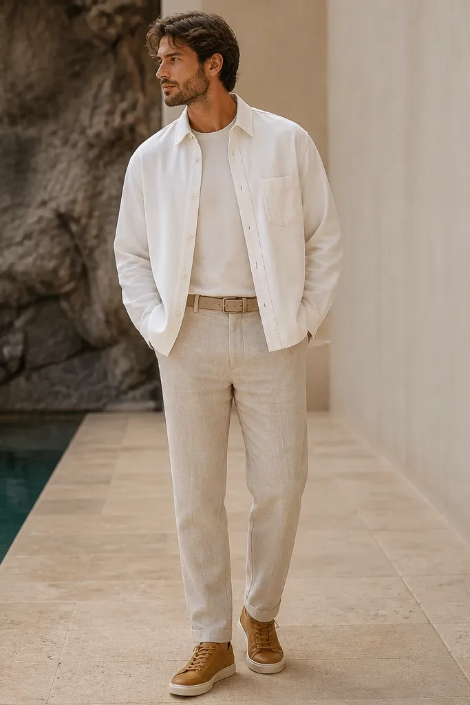 Beige linen pants paired with a white overshirt worn open. Tan leather sneakers and a beige belt. The overshirt has a slightly boxy cut and visible seam lines.