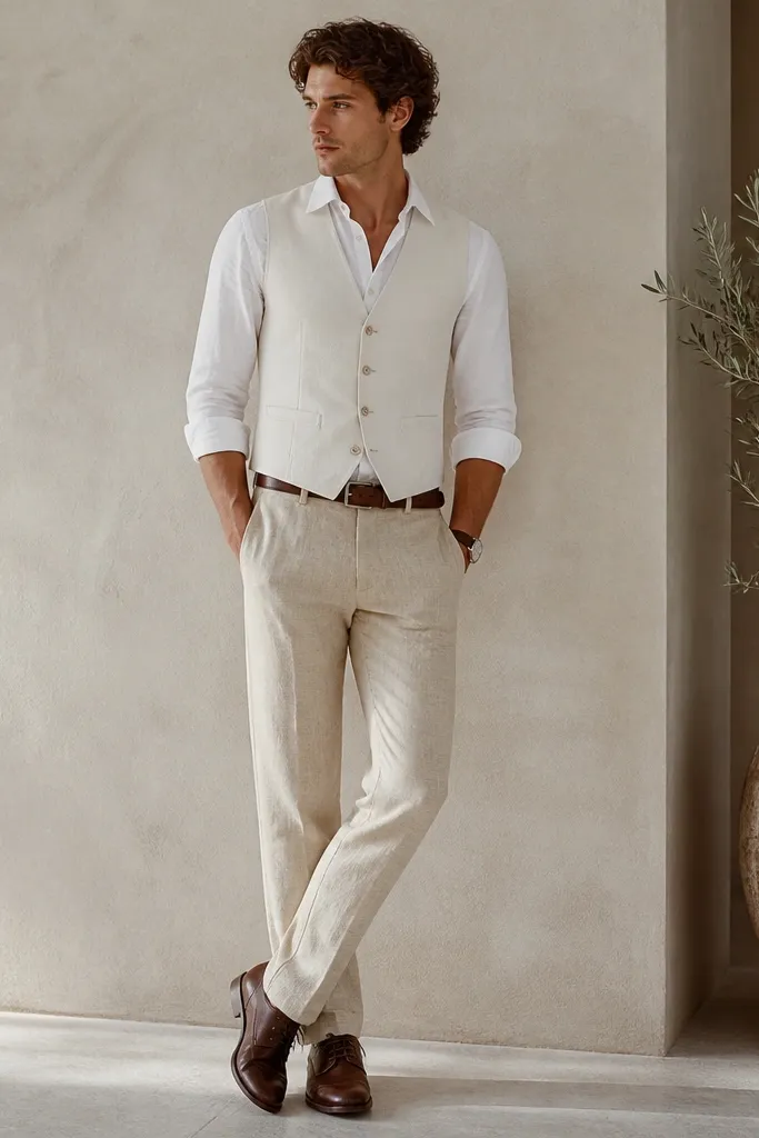 Beige linen pants with a fitted waist and straight leg. A white vest is worn over a white shirt, layered with a brown lace-up shoe. Brown belt and a simple watch.